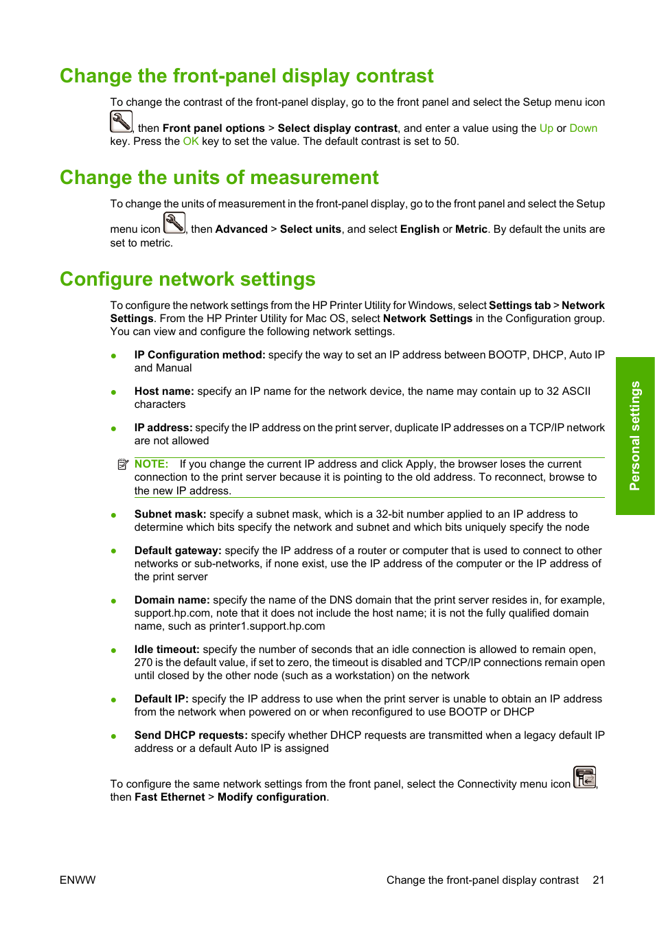 Change the front-panel display contrast, Change the units of measurement, Configure network settings | HP Designjet Z3200 PostScript Photo Printer series User Manual | Page 31 / 174