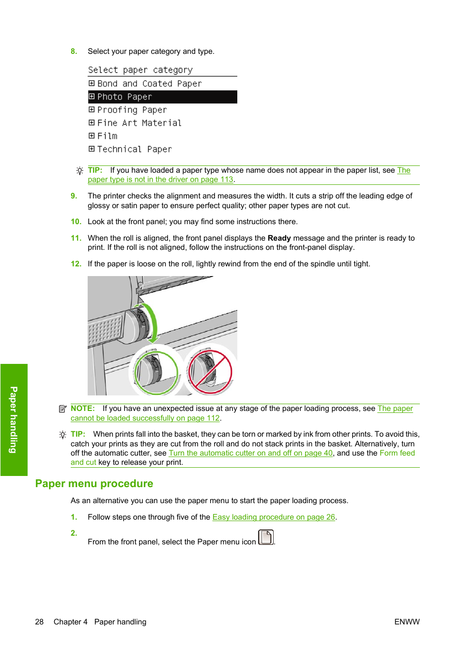 Paper menu procedure | HP Designjet Z3200 PostScript Photo Printer series User Manual | Page 38 / 174