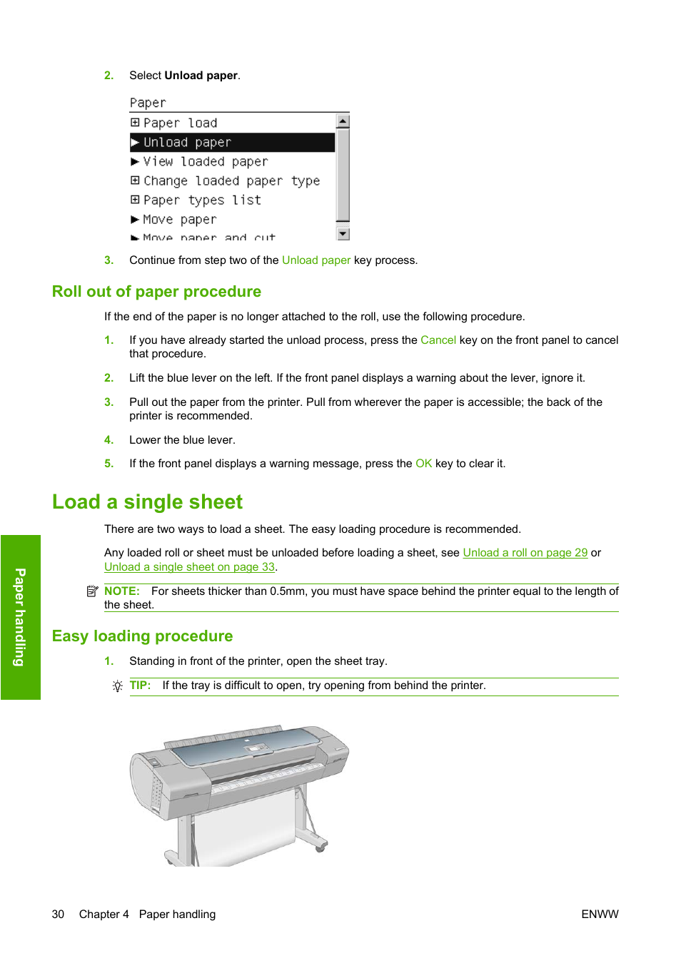 Roll out of paper procedure, Load a single sheet, Easy loading procedure | HP Designjet Z3200 PostScript Photo Printer series User Manual | Page 40 / 174