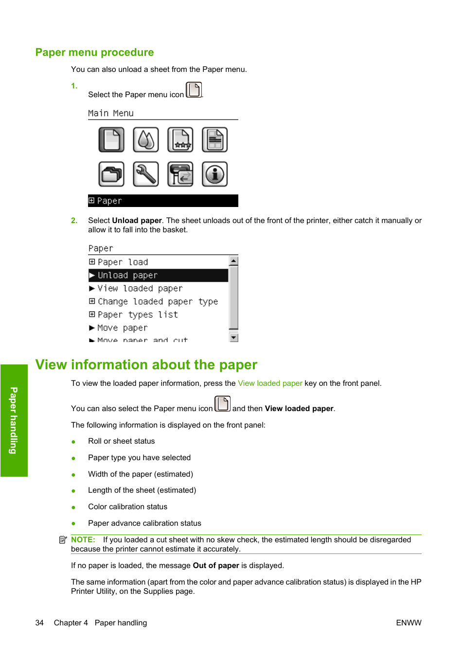 Paper menu procedure, View information about the paper | HP Designjet Z3200 PostScript Photo Printer series User Manual | Page 44 / 174