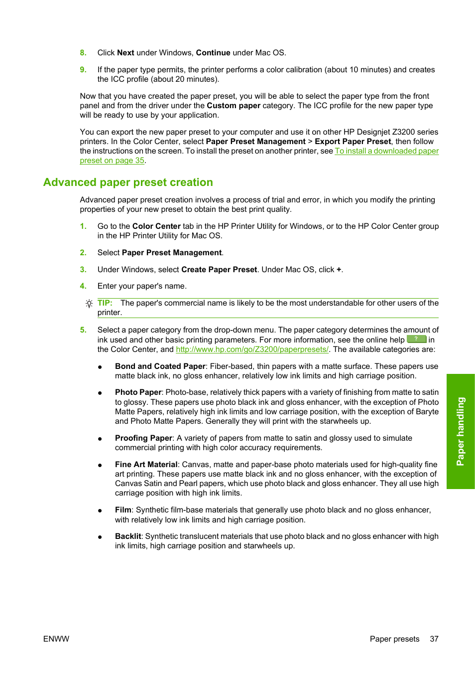Advanced paper preset creation, Advanced | HP Designjet Z3200 PostScript Photo Printer series User Manual | Page 47 / 174
