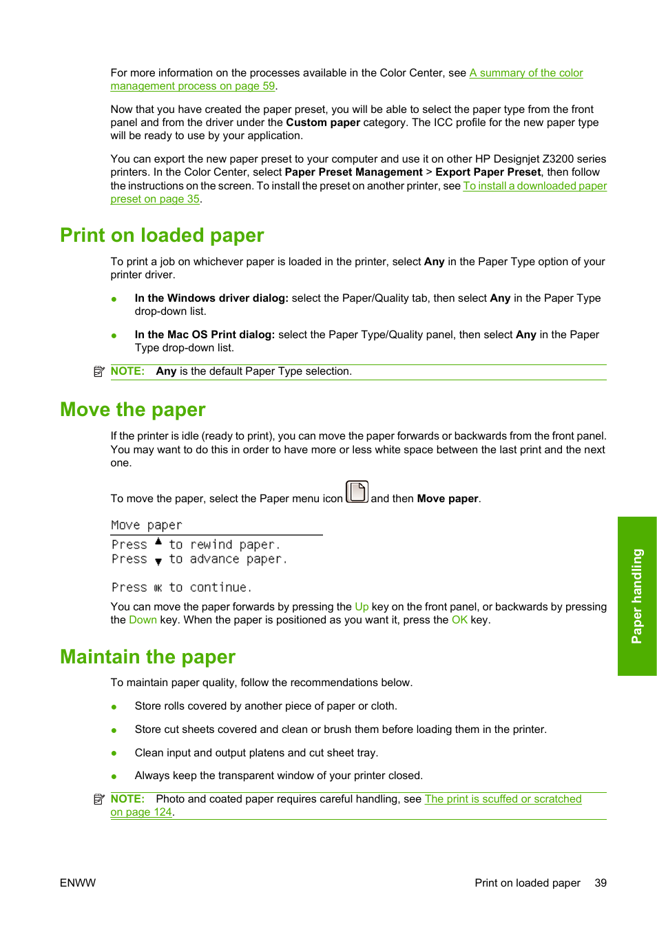 Print on loaded paper, Move the paper, Maintain the paper | HP Designjet Z3200 PostScript Photo Printer series User Manual | Page 49 / 174