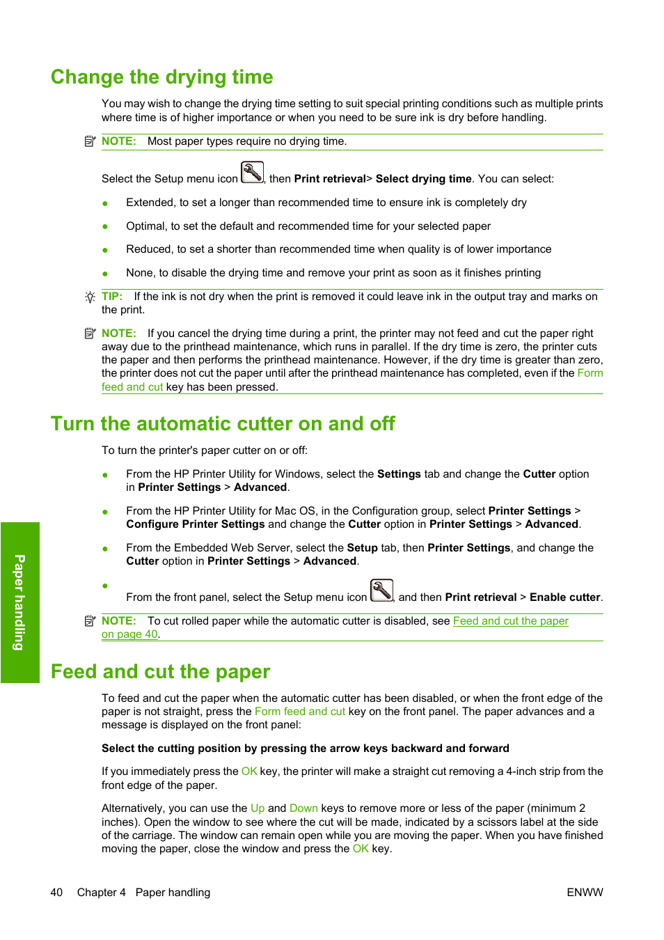 Change the drying time, Turn the automatic cutter on and off, Feed and cut the paper | HP Designjet Z3200 PostScript Photo Printer series User Manual | Page 50 / 174