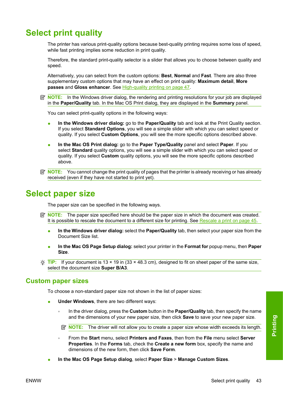 Select print quality, Select paper size, Custom paper sizes | Select print quality select paper size | HP Designjet Z3200 PostScript Photo Printer series User Manual | Page 53 / 174