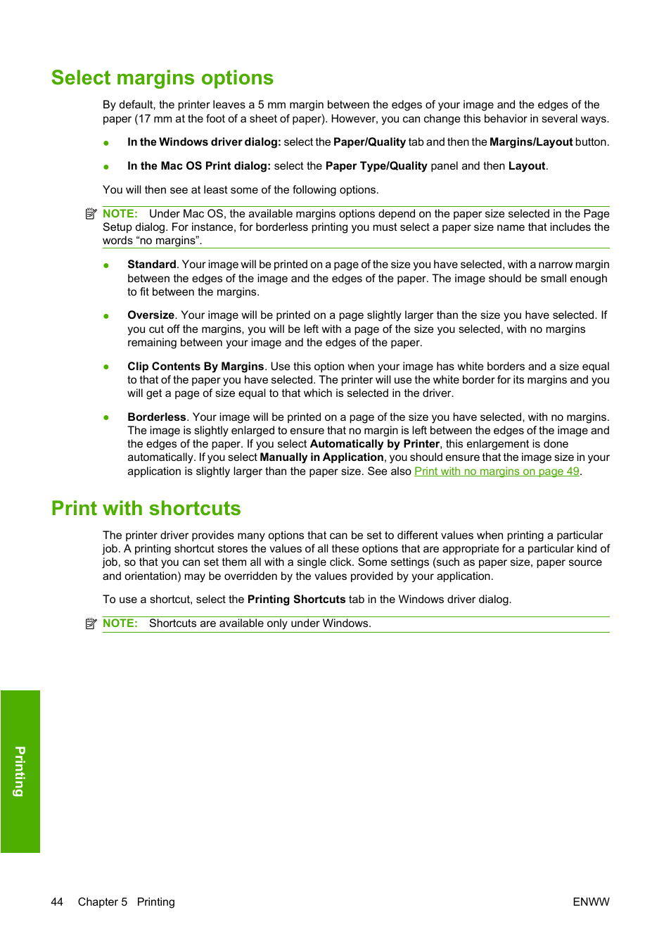 Select margins options, Print with shortcuts, Select margins options print with shortcuts | HP Designjet Z3200 PostScript Photo Printer series User Manual | Page 54 / 174