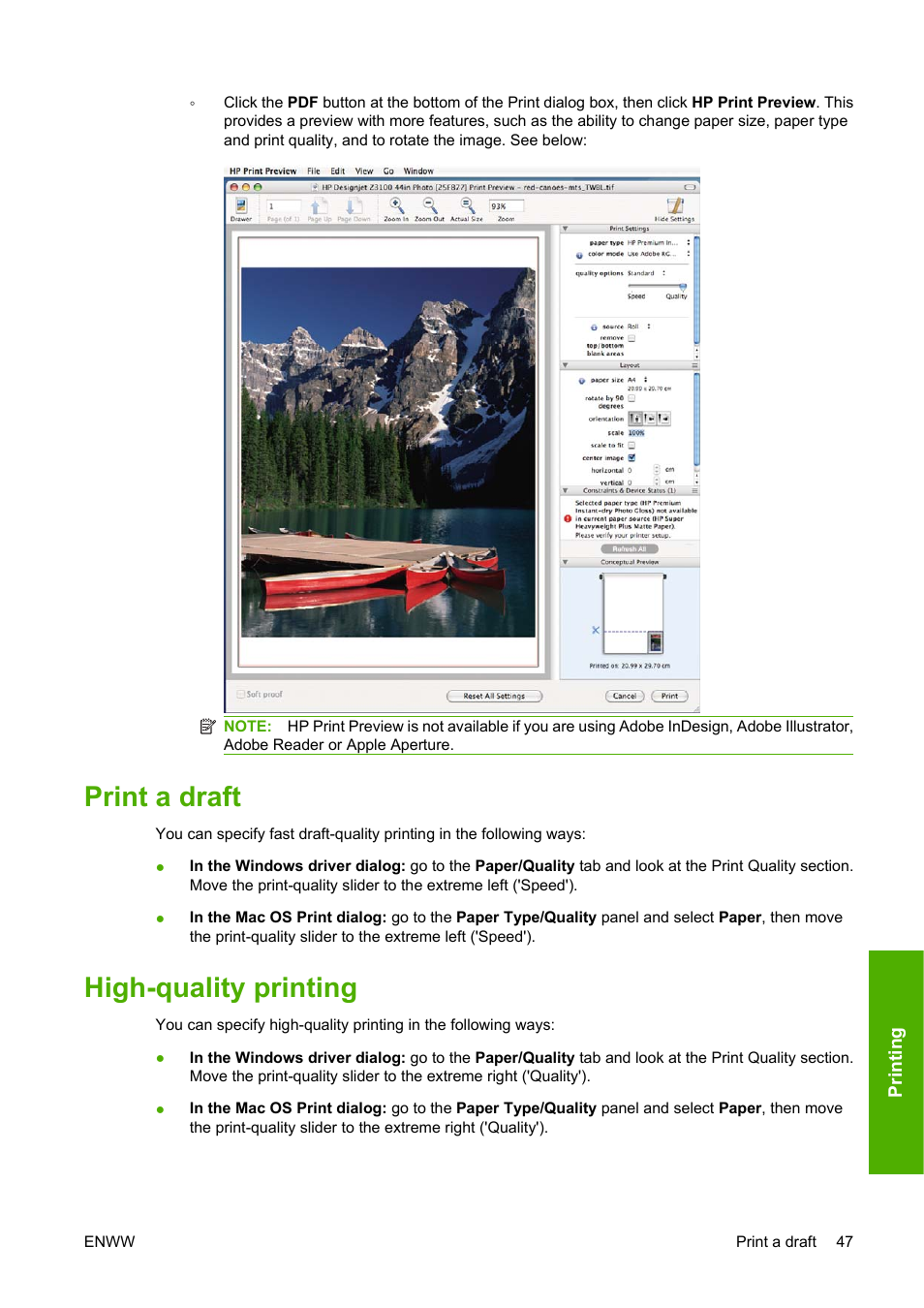 Print a draft, High-quality printing | HP Designjet Z3200 PostScript Photo Printer series User Manual | Page 57 / 174