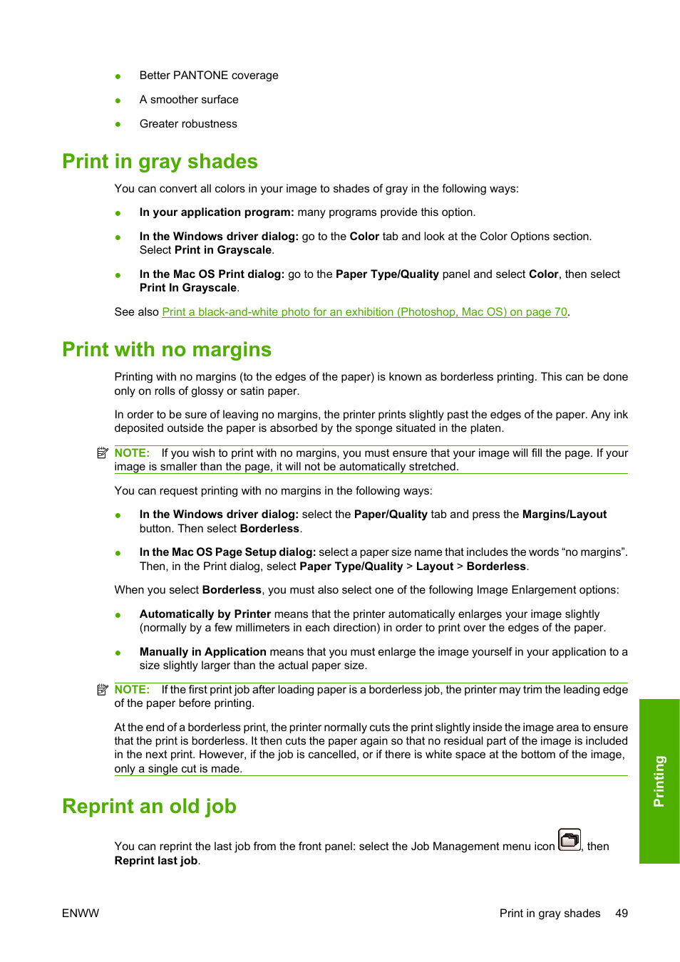 Print in gray shades, Print with no margins, Reprint an old job | HP Designjet Z3200 PostScript Photo Printer series User Manual | Page 59 / 174