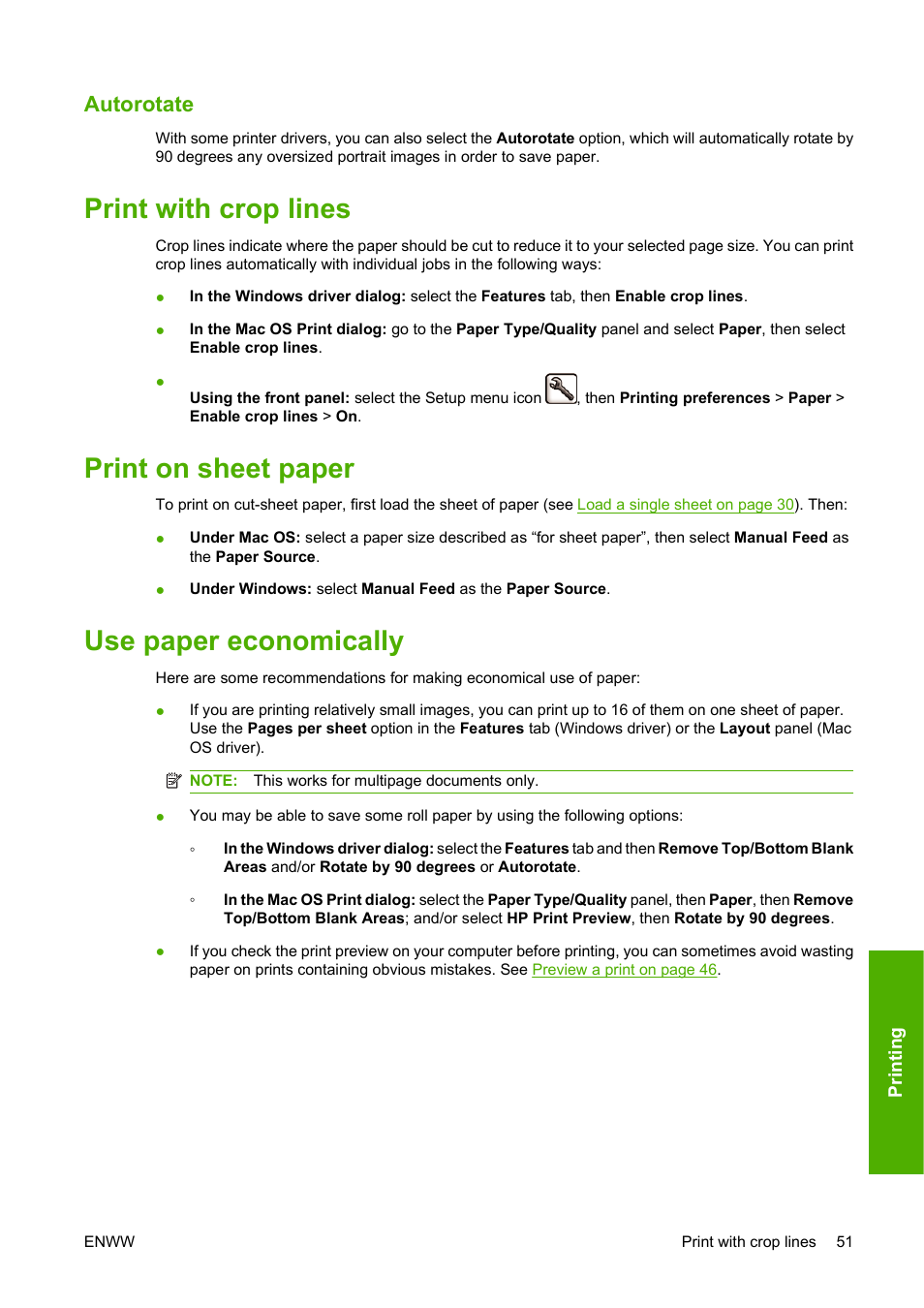 Autorotate, Print with crop lines, Print on sheet paper | Use paper economically | HP Designjet Z3200 PostScript Photo Printer series User Manual | Page 61 / 174