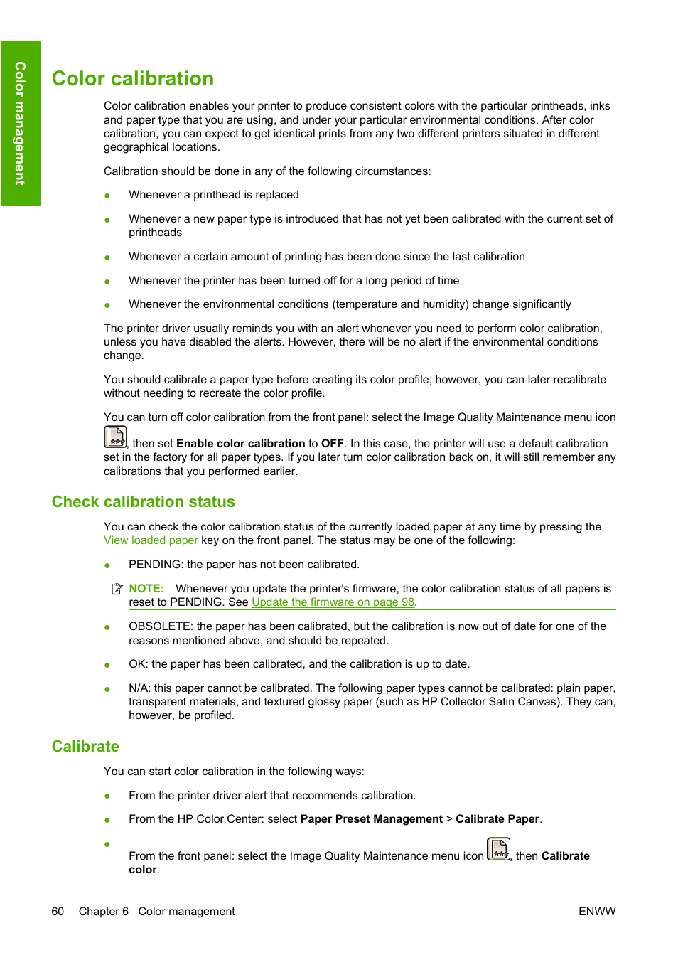 Color calibration, Check calibration status, Calibrate | Check calibration status calibrate, Color | HP Designjet Z3200 PostScript Photo Printer series User Manual | Page 70 / 174