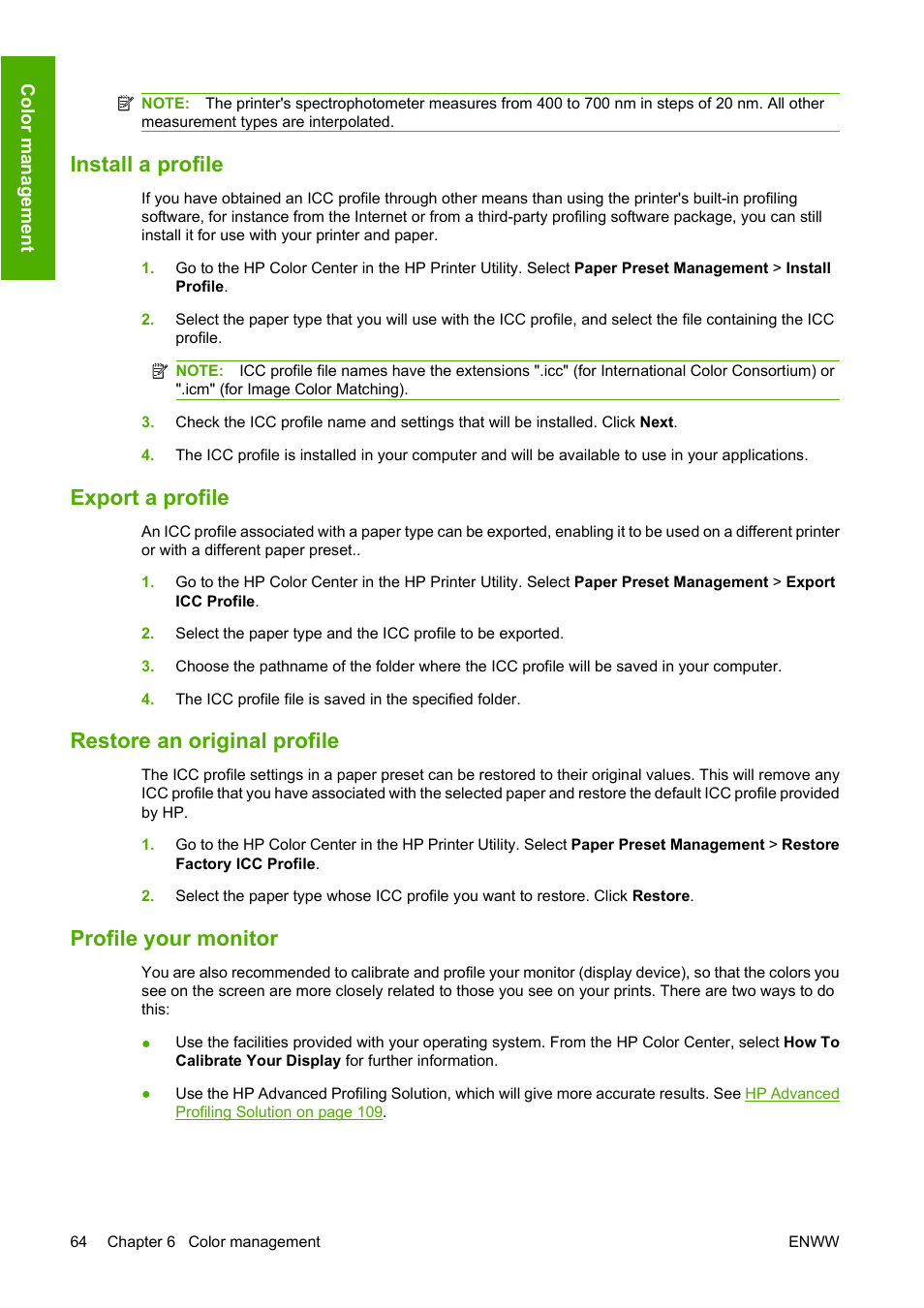 Install a profile, Export a profile, Restore an original profile | Profile your monitor | HP Designjet Z3200 PostScript Photo Printer series User Manual | Page 74 / 174