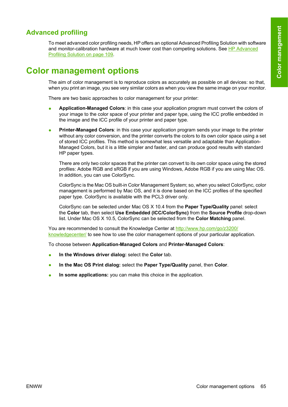 Advanced profiling, Color management options | HP Designjet Z3200 PostScript Photo Printer series User Manual | Page 75 / 174