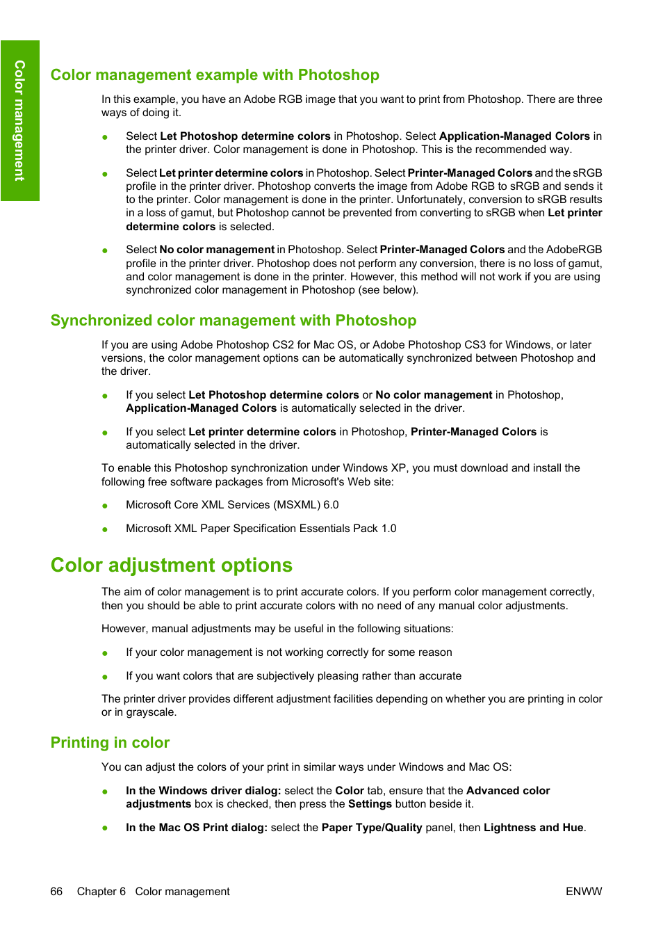 Color management example with photoshop, Synchronized color management with photoshop, Color adjustment options | Printing in color | HP Designjet Z3200 PostScript Photo Printer series User Manual | Page 76 / 174