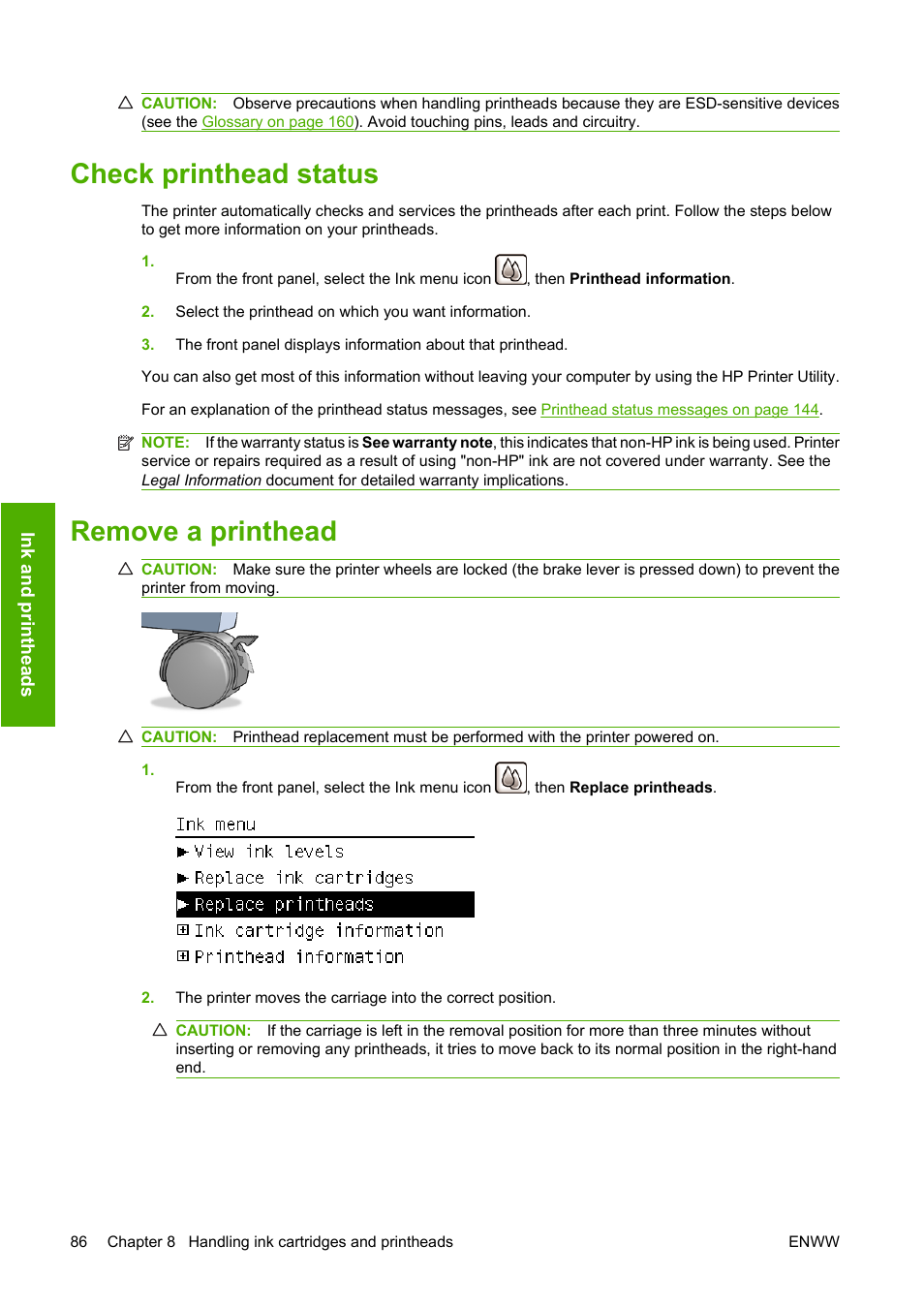 Check printhead status, Remove a printhead, Check printhead status remove a printhead | HP Designjet Z3200 PostScript Photo Printer series User Manual | Page 96 / 174