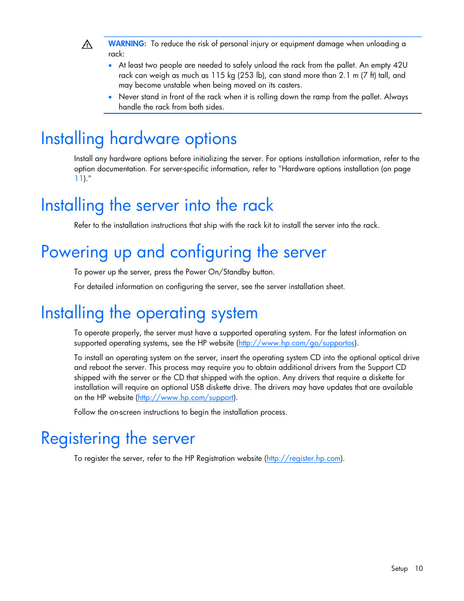 Installing hardware options, Installing the server into the rack, Powering up and configuring the server | Installing the operating system, Registering the server | HP ProLiant SL165z G7 Server User Manual | Page 10 / 76