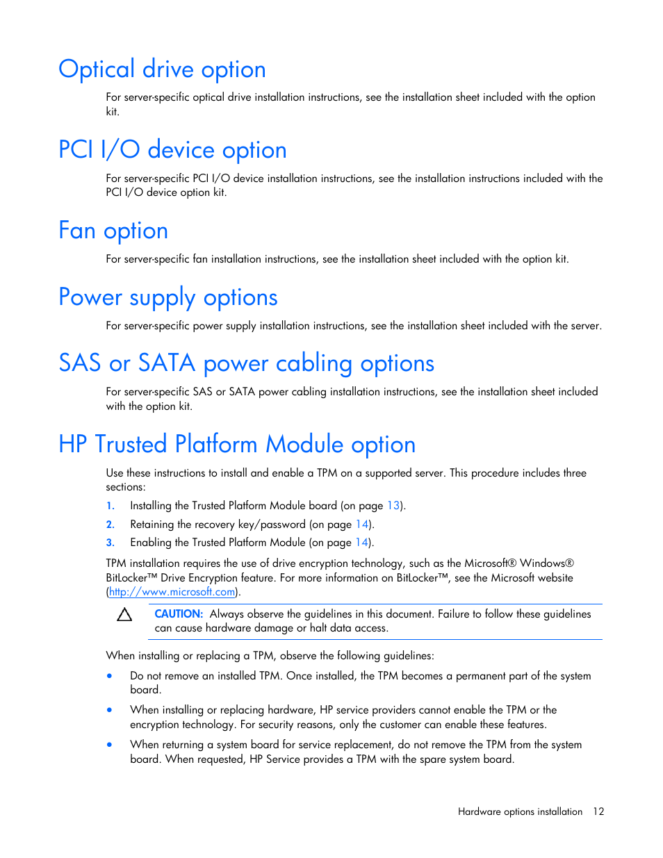 Optical drive option, Pci i/o device option, Fan option | Power supply options, Sas or sata power cabling options, Hp trusted platform module option | HP ProLiant SL165z G7 Server User Manual | Page 12 / 76