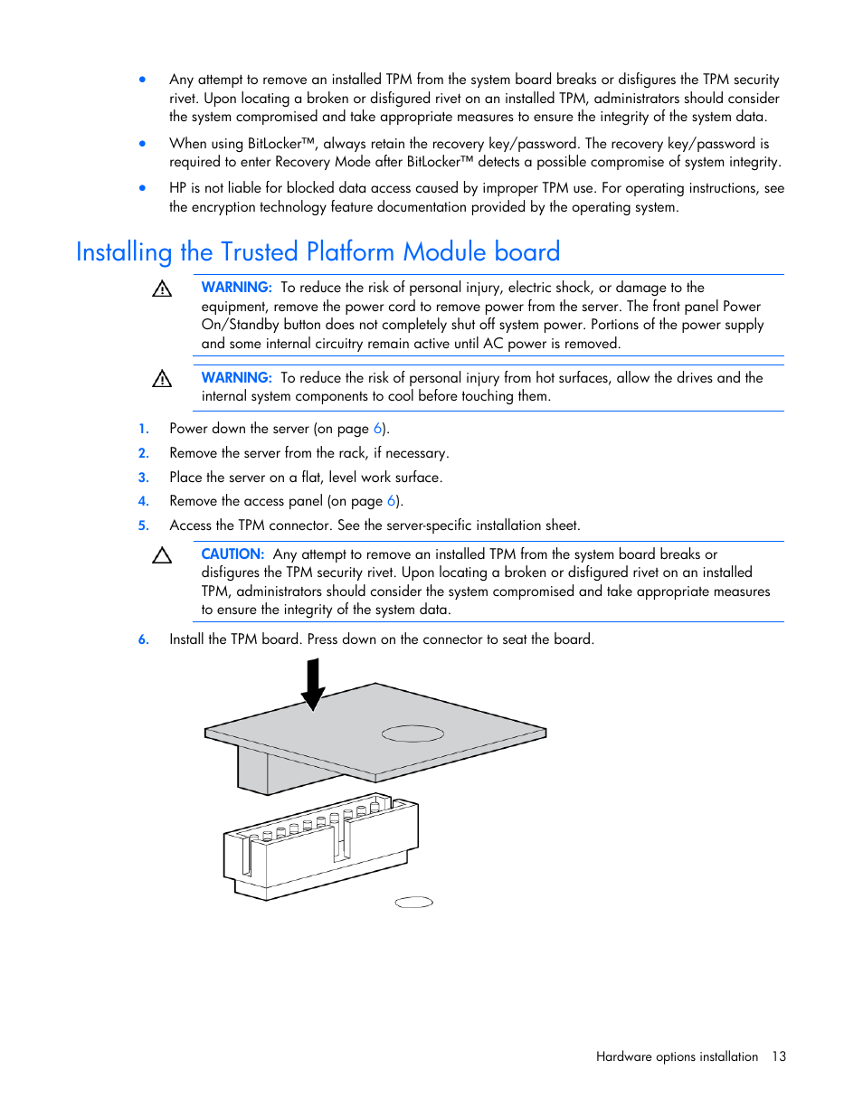 Installing the trusted platform module board | HP ProLiant SL165z G7 Server User Manual | Page 13 / 76