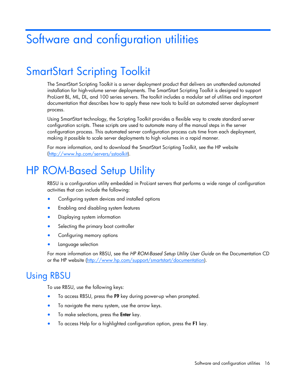 Software and configuration utilities, Smartstart scripting toolkit, Hp rom-based setup utility | Using rbsu | HP ProLiant SL165z G7 Server User Manual | Page 16 / 76