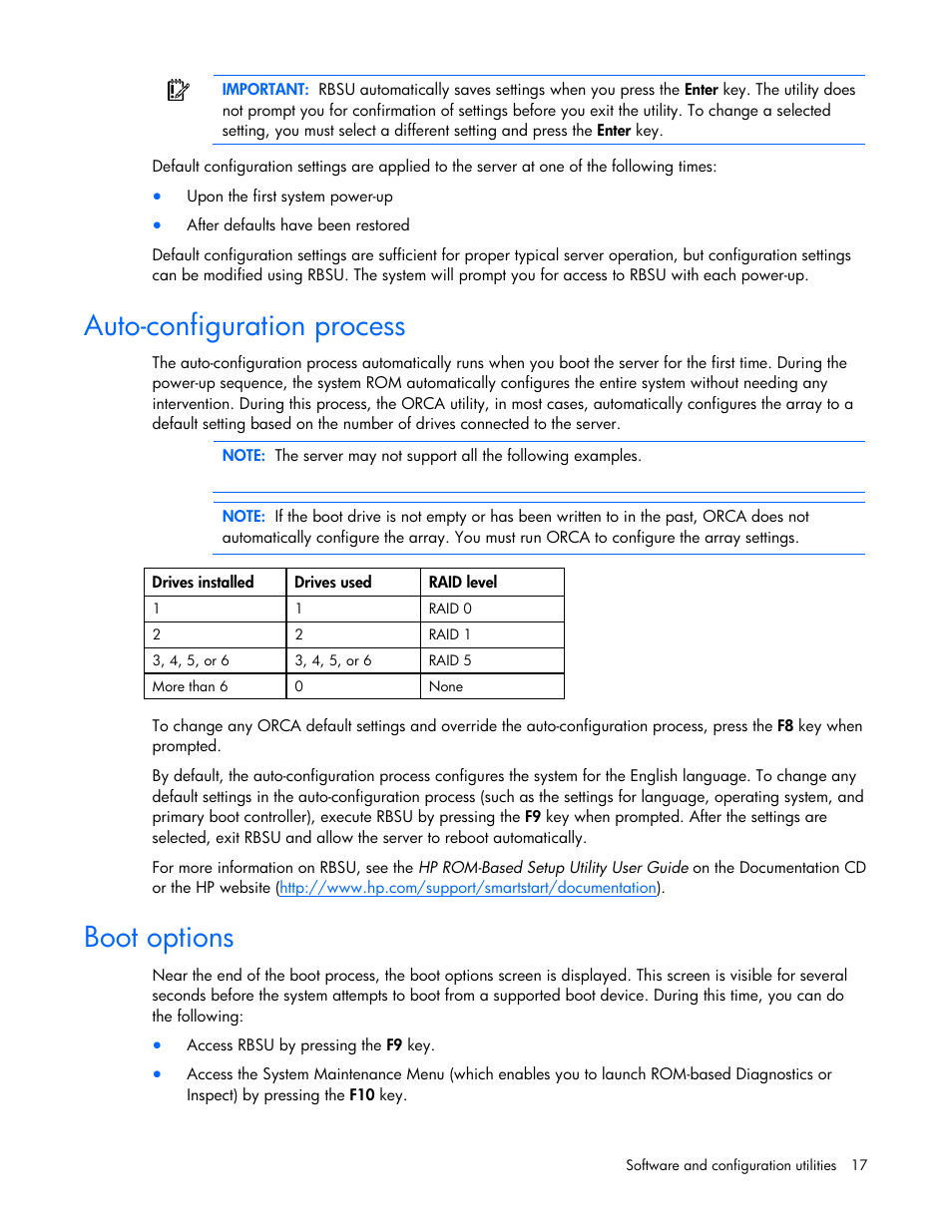 Auto-configuration process, Boot options, Auto-configuration process boot options | HP ProLiant SL165z G7 Server User Manual | Page 17 / 76