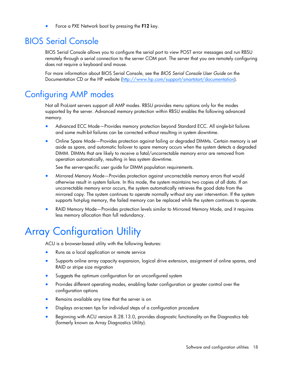 Bios serial console, Configuring amp modes, Array configuration utility | Bios serial console configuring amp modes | HP ProLiant SL165z G7 Server User Manual | Page 18 / 76