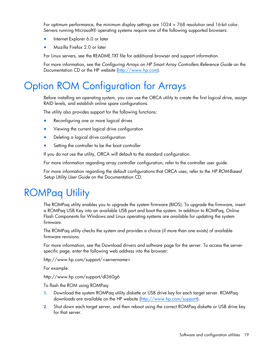 Option rom configuration for arrays, Rompaq utility, Option rom configuration for arrays rompaq utility | HP ProLiant SL165z G7 Server User Manual | Page 19 / 76