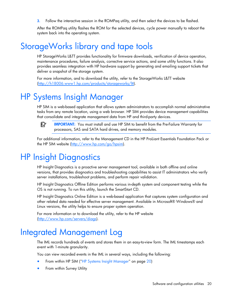 Storageworks library and tape tools, Hp systems insight manager, Hp insight diagnostics | Integrated management log | HP ProLiant SL165z G7 Server User Manual | Page 20 / 76