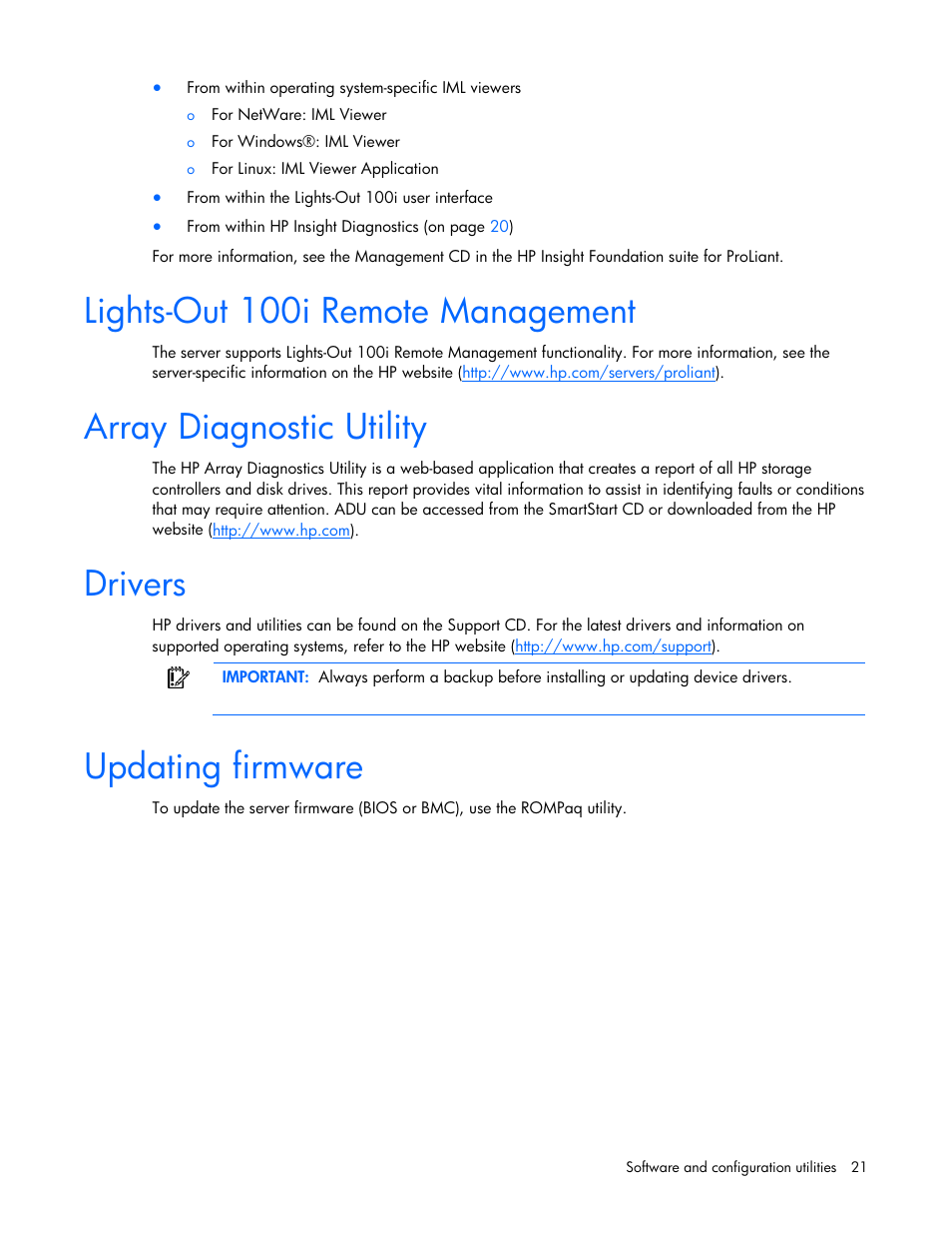 Lights-out 100i remote management, Array diagnostic utility, Drivers | Updating firmware | HP ProLiant SL165z G7 Server User Manual | Page 21 / 76