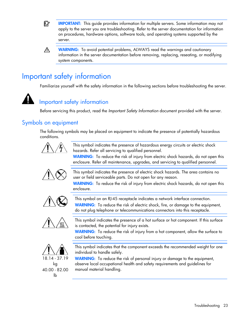 Important safety information, Symbols on equipment | HP ProLiant SL165z G7 Server User Manual | Page 23 / 76