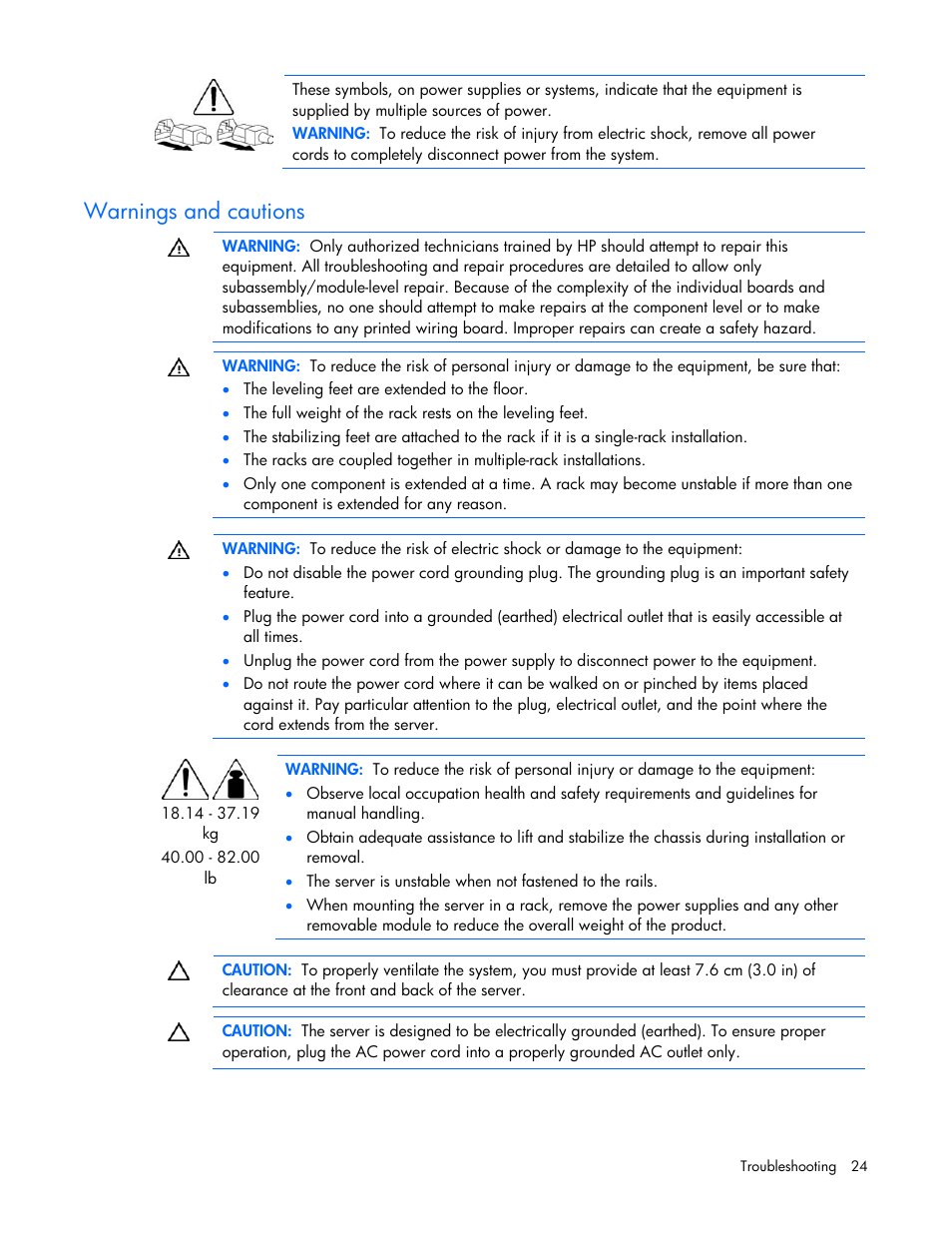 Warnings and cautions | HP ProLiant SL165z G7 Server User Manual | Page 24 / 76