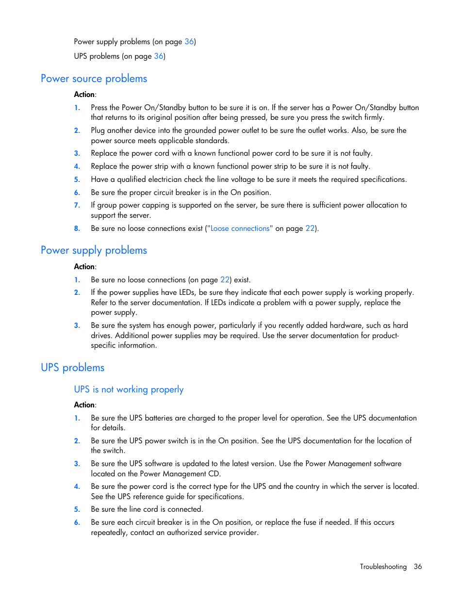 Power source problems, Power supply problems, Ups problems | Ups is not working properly | HP ProLiant SL165z G7 Server User Manual | Page 36 / 76