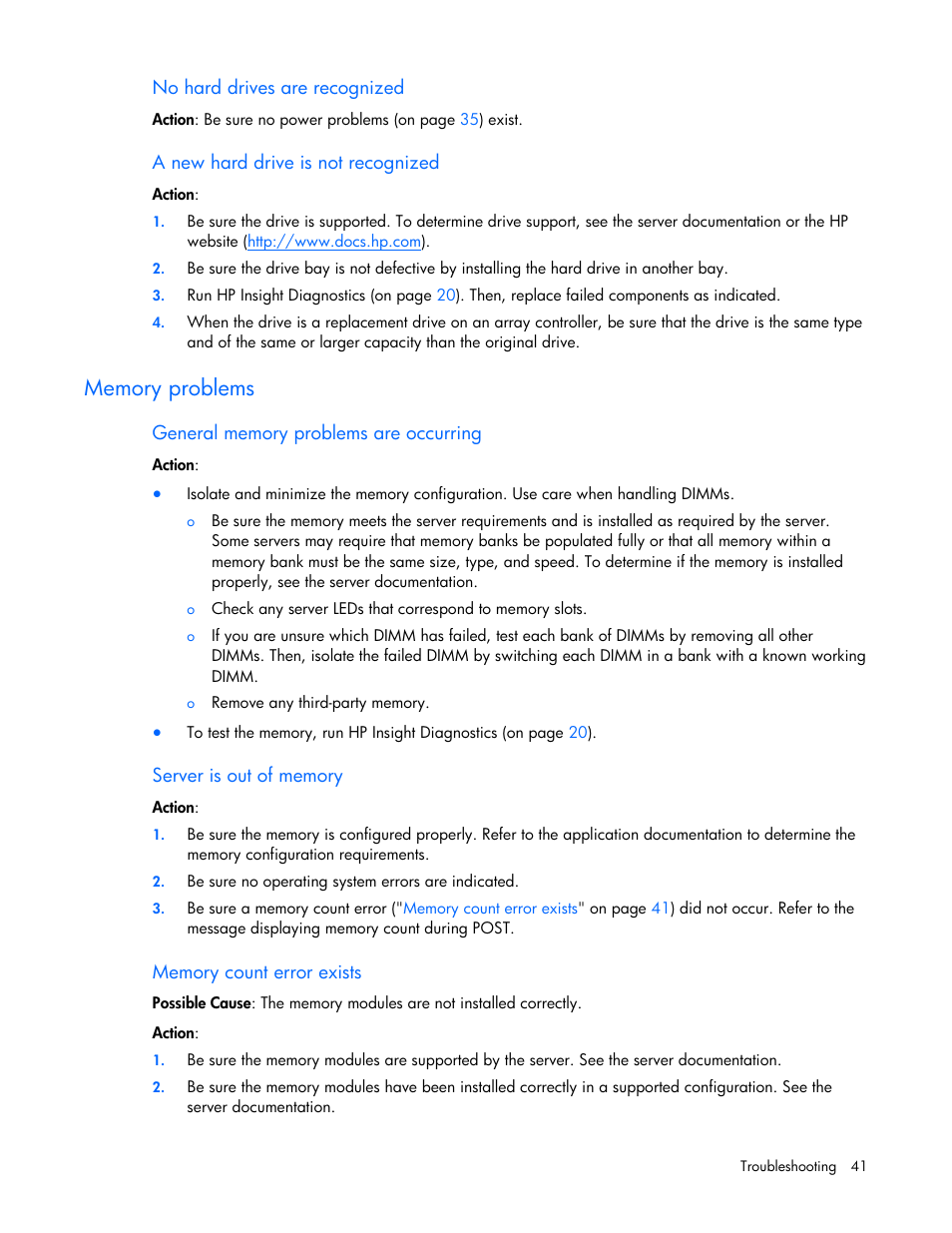 No hard drives are recognized, A new hard drive is not recognized, Memory problems | General memory problems are occurring, Server is out of memory, Memory count error exists | HP ProLiant SL165z G7 Server User Manual | Page 41 / 76