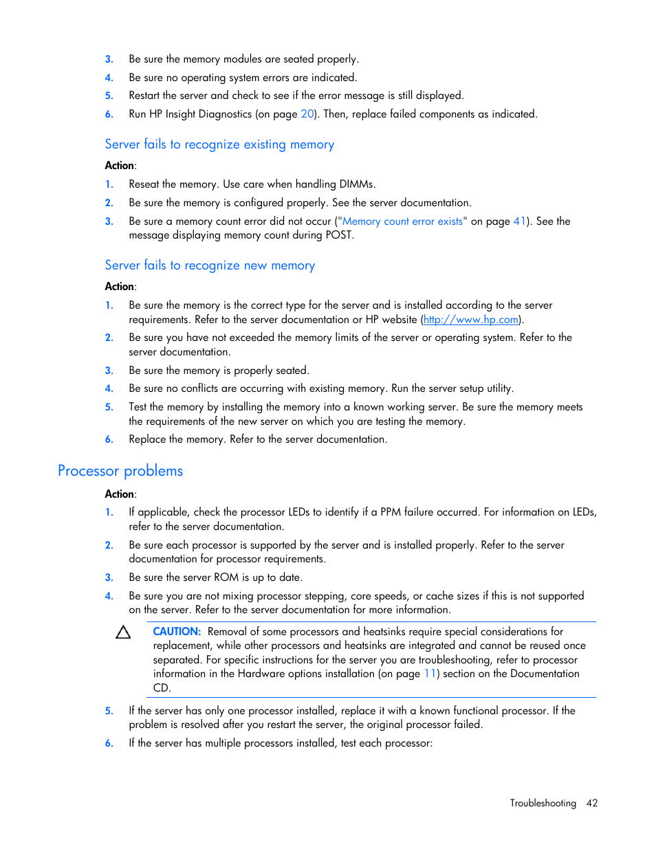 Server fails to recognize existing memory, Server fails to recognize new memory, Processor problems | HP ProLiant SL165z G7 Server User Manual | Page 42 / 76