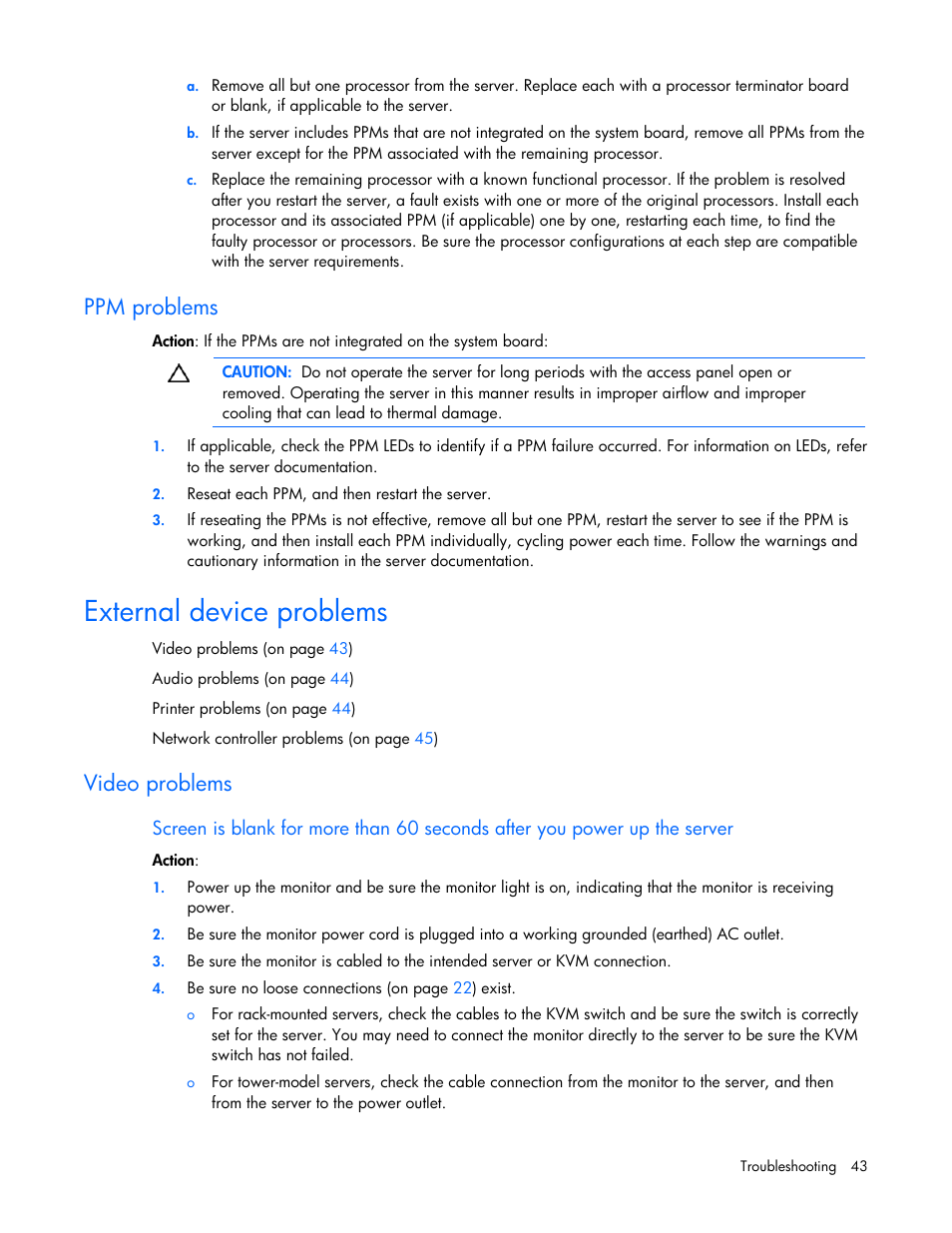 Ppm problems, External device problems, Video problems | HP ProLiant SL165z G7 Server User Manual | Page 43 / 76