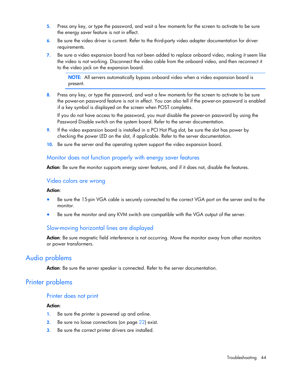 Video colors are wrong, Slow-moving horizontal lines are displayed, Audio problems | Printer problems, Printer does not print | HP ProLiant SL165z G7 Server User Manual | Page 44 / 76