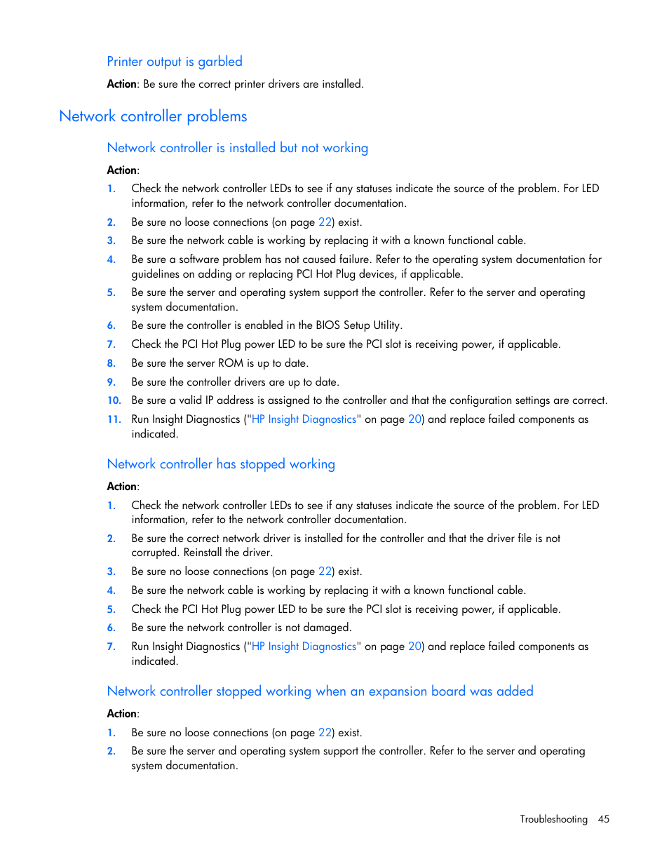 Printer output is garbled, Network controller problems, Network controller is installed but not working | Network controller has stopped working | HP ProLiant SL165z G7 Server User Manual | Page 45 / 76