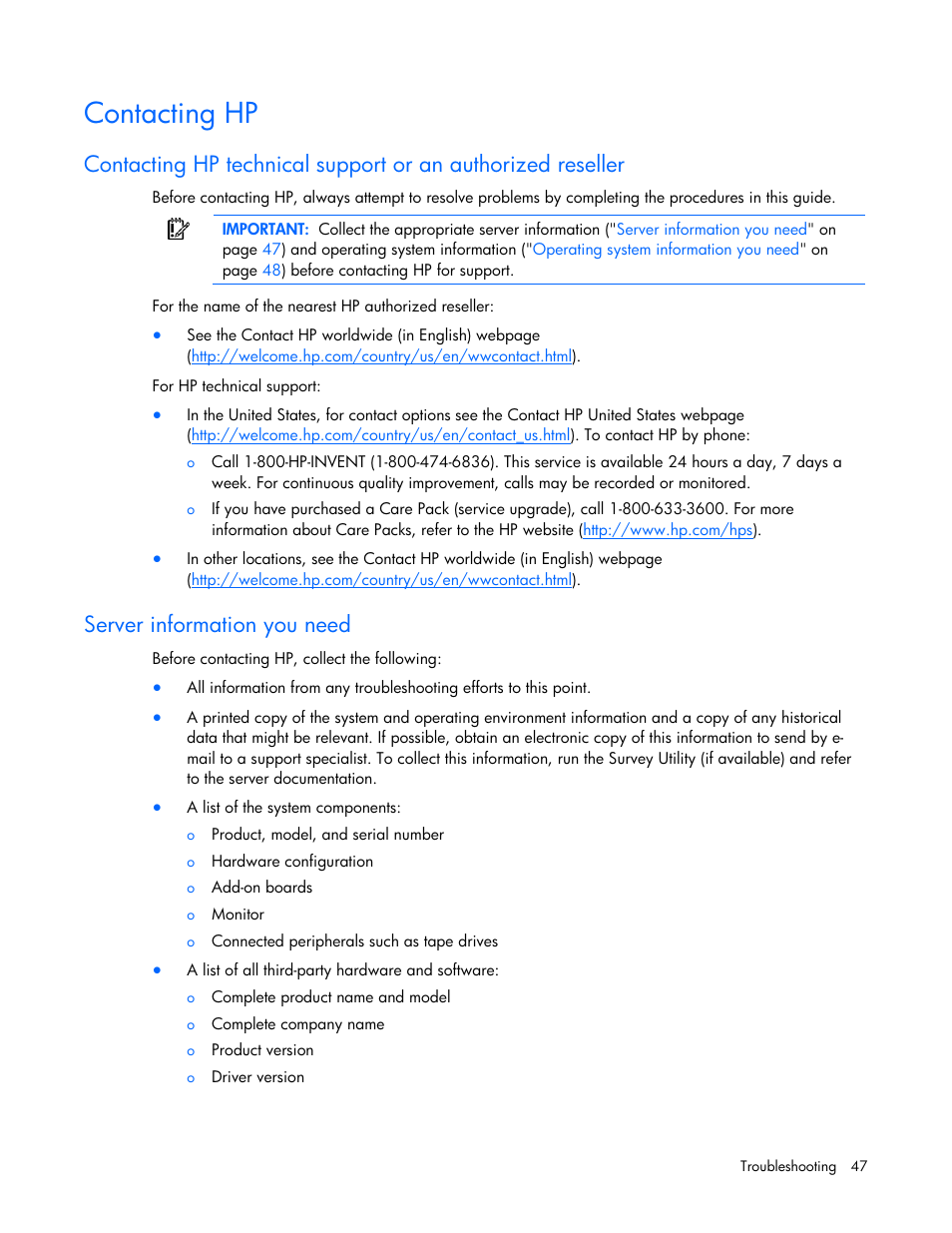 Contacting hp, Server information you need | HP ProLiant SL165z G7 Server User Manual | Page 47 / 76