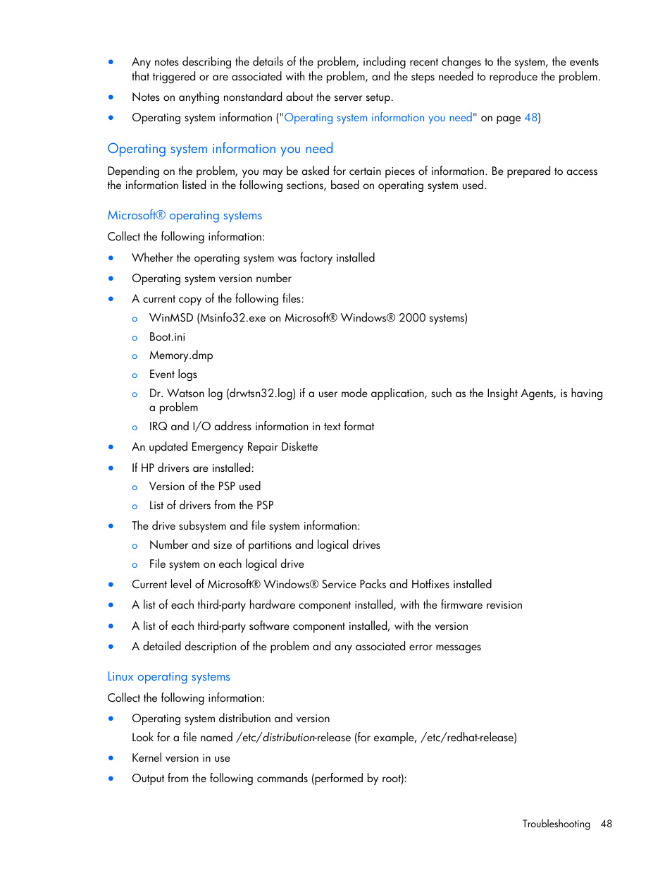 Operating system information you need, Microsoft® operating systems, Linux operating systems | HP ProLiant SL165z G7 Server User Manual | Page 48 / 76
