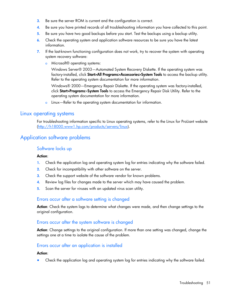 Linux operating systems, Application software problems, Software locks up | Errors occur after a software setting is changed, Errors occur after the system software is changed, Errors occur after an application is installed | HP ProLiant SL165z G7 Server User Manual | Page 51 / 76