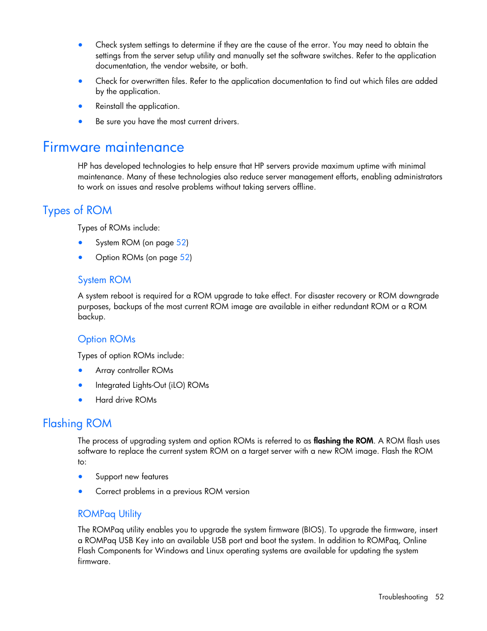 Firmware maintenance, Types of rom, System rom | Option roms, Flashing rom, Rompaq utility | HP ProLiant SL165z G7 Server User Manual | Page 52 / 76