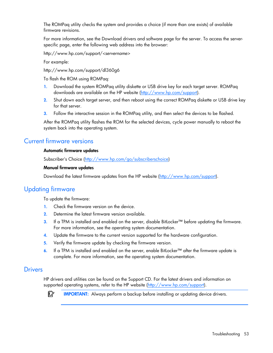 Current firmware versions, Updating firmware, Drivers | HP ProLiant SL165z G7 Server User Manual | Page 53 / 76