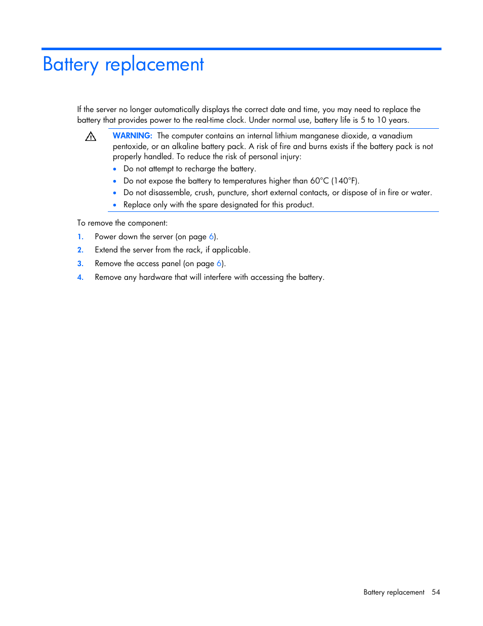 Battery replacement | HP ProLiant SL165z G7 Server User Manual | Page 54 / 76