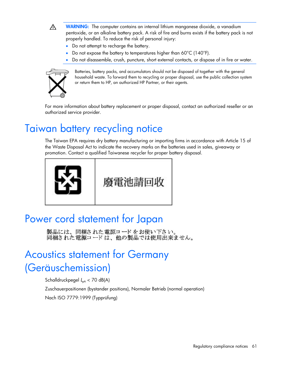 Taiwan battery recycling notice, Power cord statement for japan, Acoustics statement for germany (geräuschemission) | HP ProLiant SL165z G7 Server User Manual | Page 61 / 76