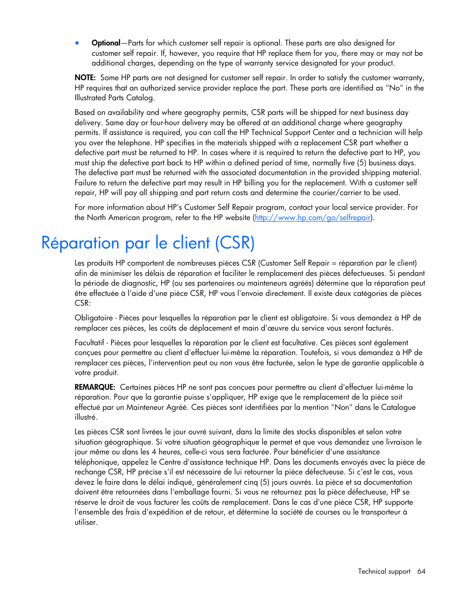 Réparation par le client (csr) | HP ProLiant SL165z G7 Server User Manual | Page 64 / 76