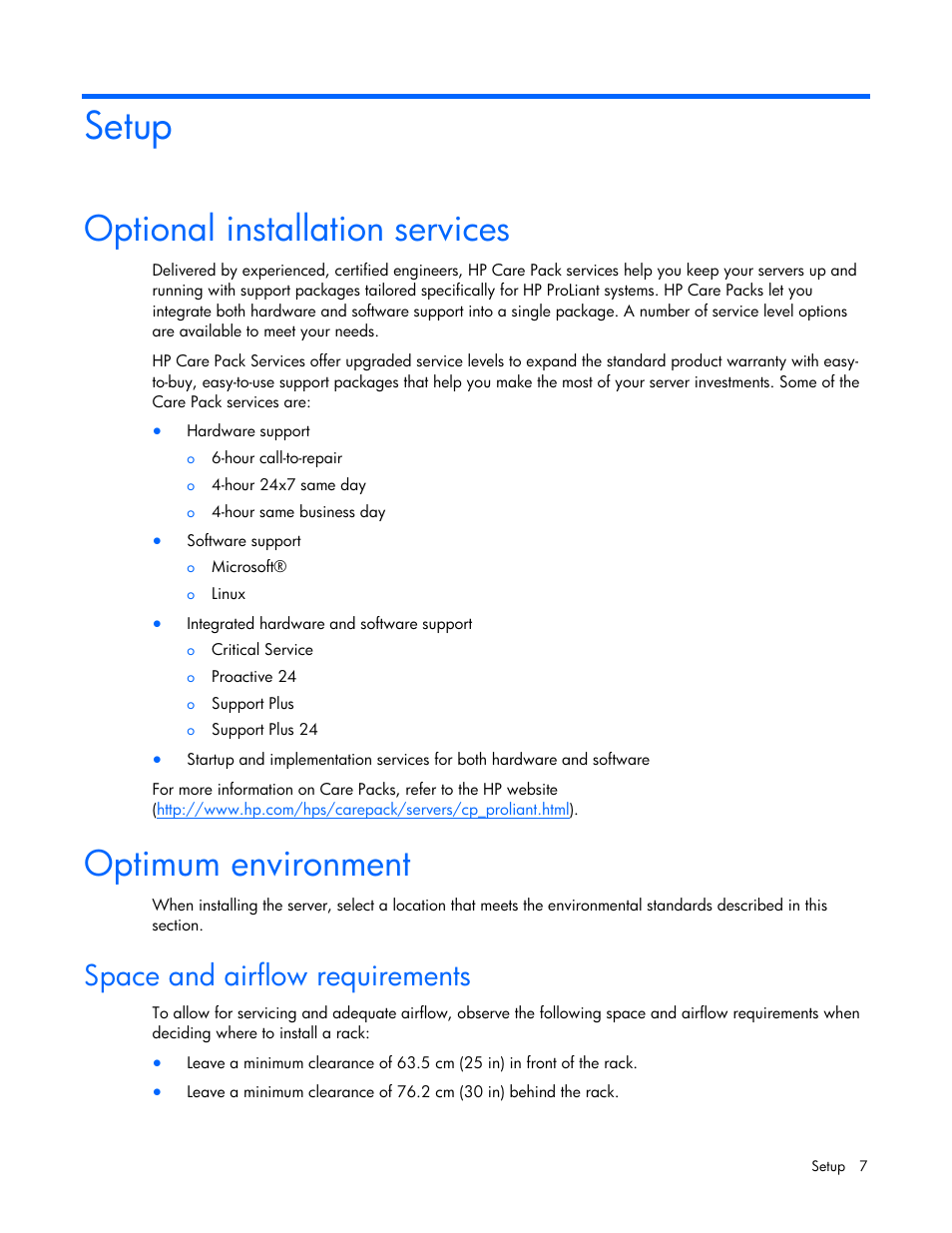 Setup, Optional installation services, Optimum environment | Space and airflow requirements, Optional installation services optimum environment | HP ProLiant SL165z G7 Server User Manual | Page 7 / 76