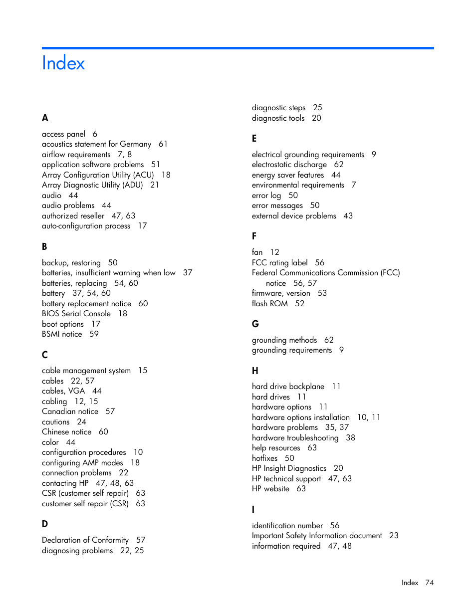 Index | HP ProLiant SL165z G7 Server User Manual | Page 74 / 76