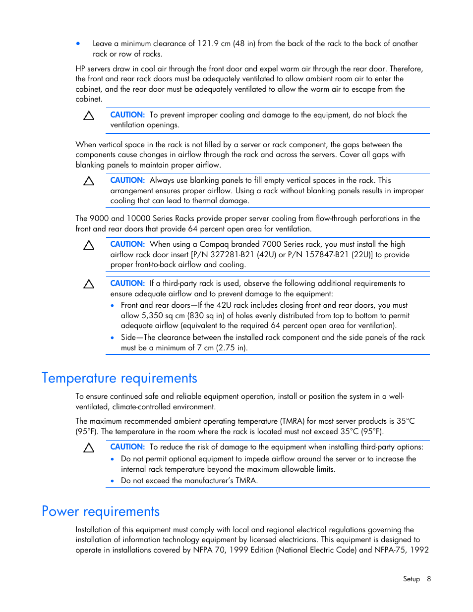 Temperature requirements, Power requirements, Temperature requirements power requirements | HP ProLiant SL165z G7 Server User Manual | Page 8 / 76