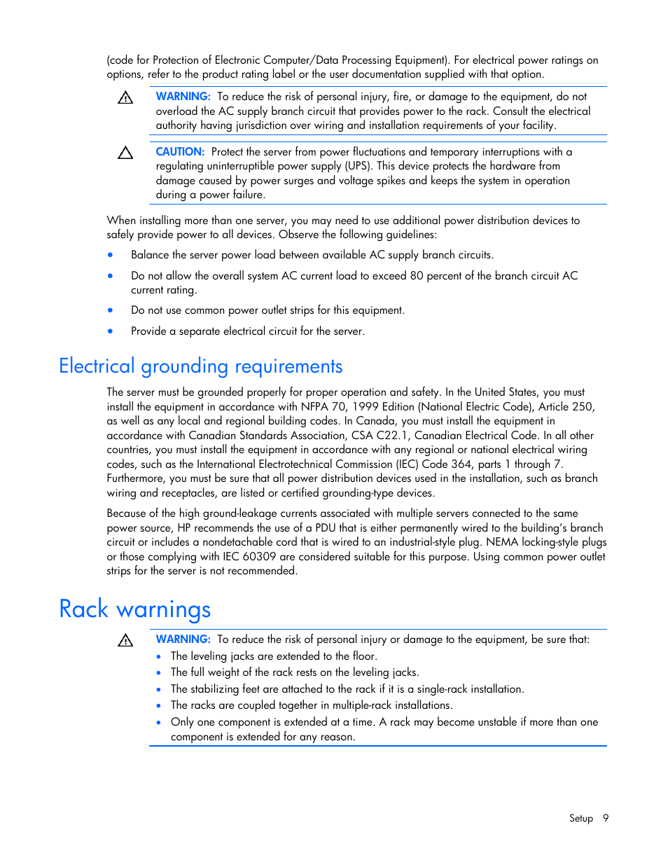Electrical grounding requirements, Rack warnings | HP ProLiant SL165z G7 Server User Manual | Page 9 / 76