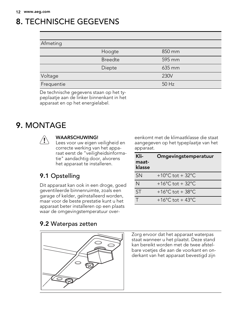 Technische gegevens, Montage, 1 opstelling | 2 waterpas zetten | AEG S71709TSW0 User Manual | Page 12 / 68