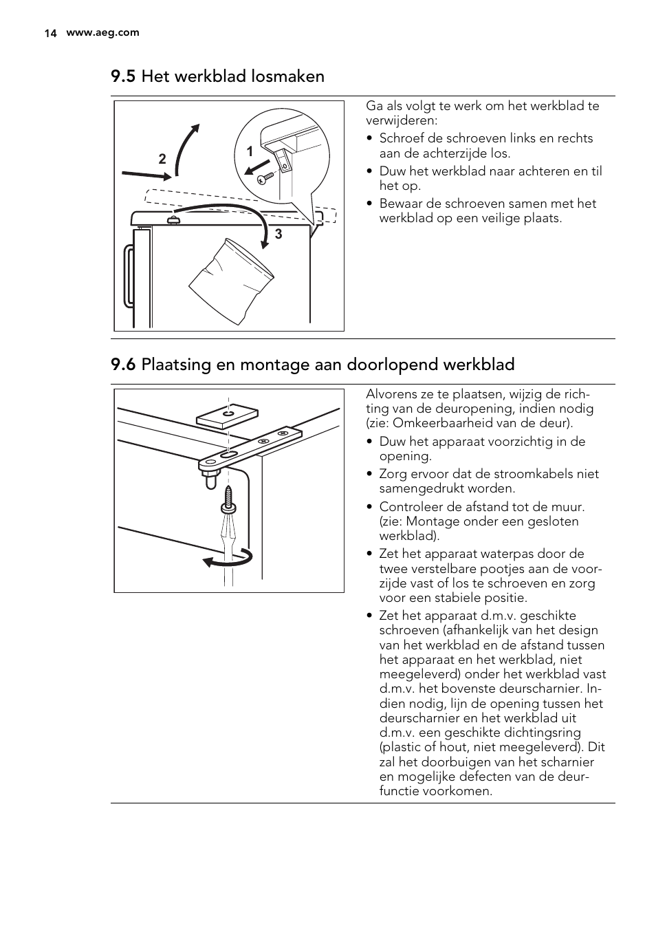 5 het werkblad losmaken, 6 plaatsing en montage aan doorlopend werkblad | AEG S71709TSW0 User Manual | Page 14 / 68