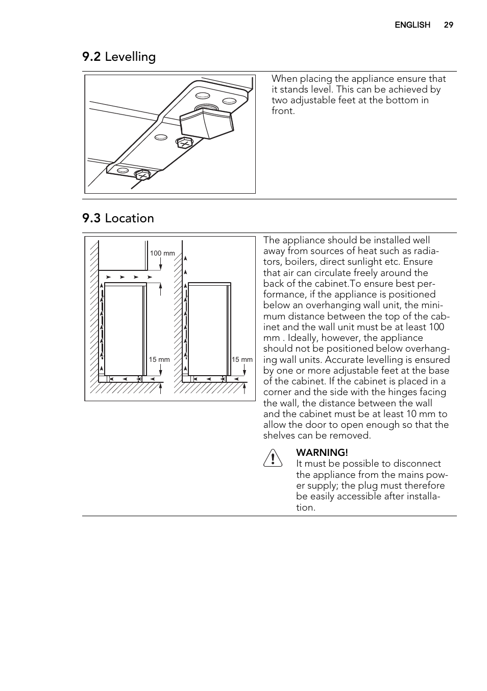2 levelling, 3 location | AEG S71709TSW0 User Manual | Page 29 / 68