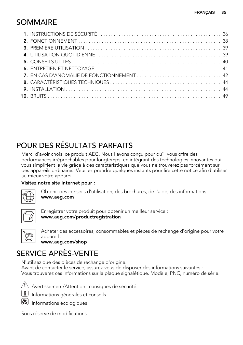Sommaire, Pour des résultats parfaits, Service après-vente | AEG S71709TSW0 User Manual | Page 35 / 68